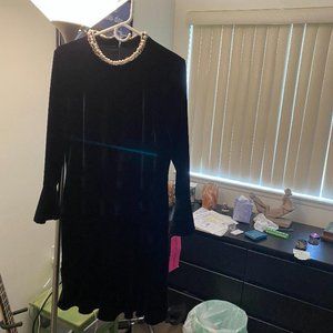 Betsey Johnson Black Velvet Dress with pearls around the neck..  Bell sleeves